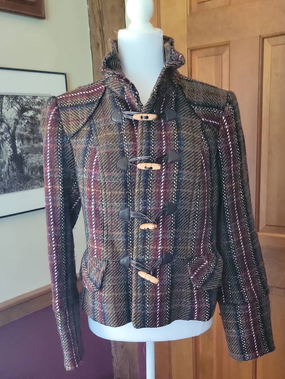 ZARA Plaid Toggle Wool-Blend Fitted Jacket - Brown/Multi
